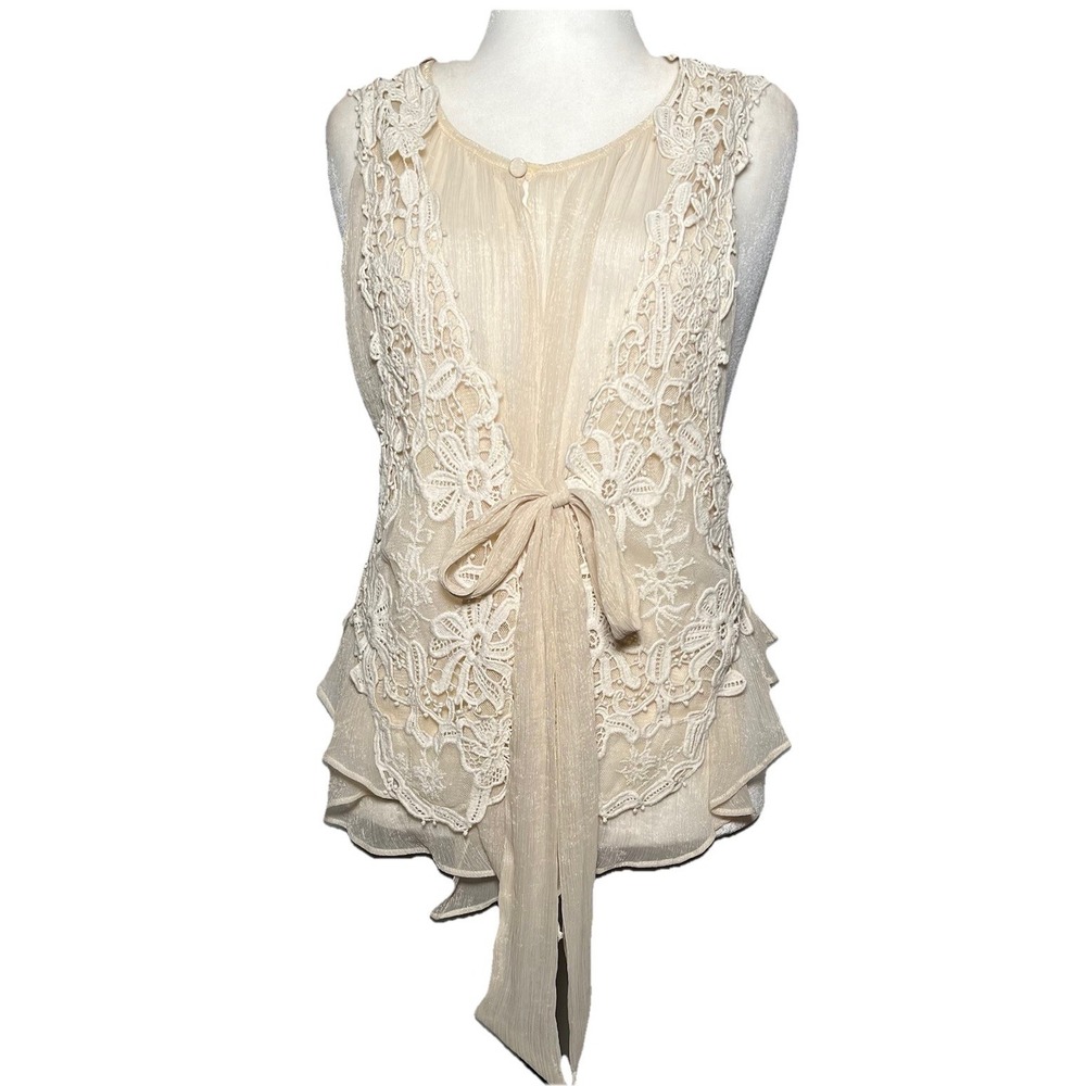 Anthropologie Ryu Ivory Fairy‎ Boho Vest L Crochet Festival Shimmery Chiffon Tie